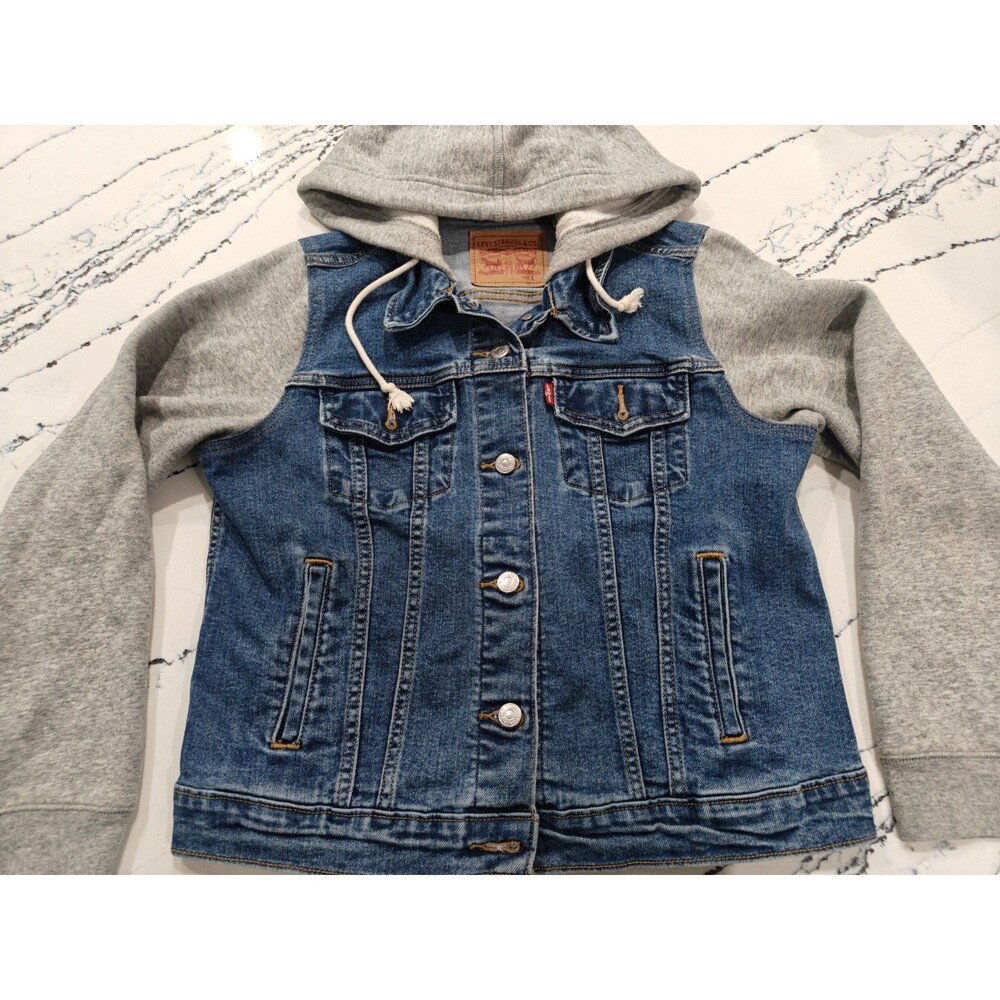 Levi’s Kids Hybrid Denim Gray Sweats Hooded Size L Trucker Jacket Blue/Gray